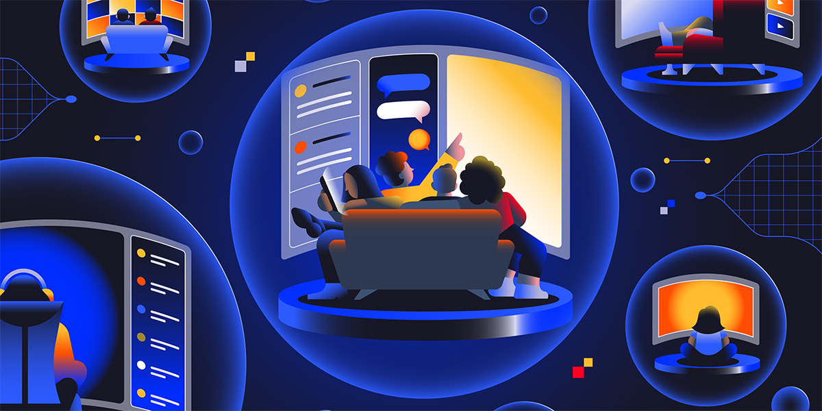 Dark blue illustration featuring a variety of bubbles inside which people watch TV screens, play video games, participate in chats, and otherwise engage with digital media. 