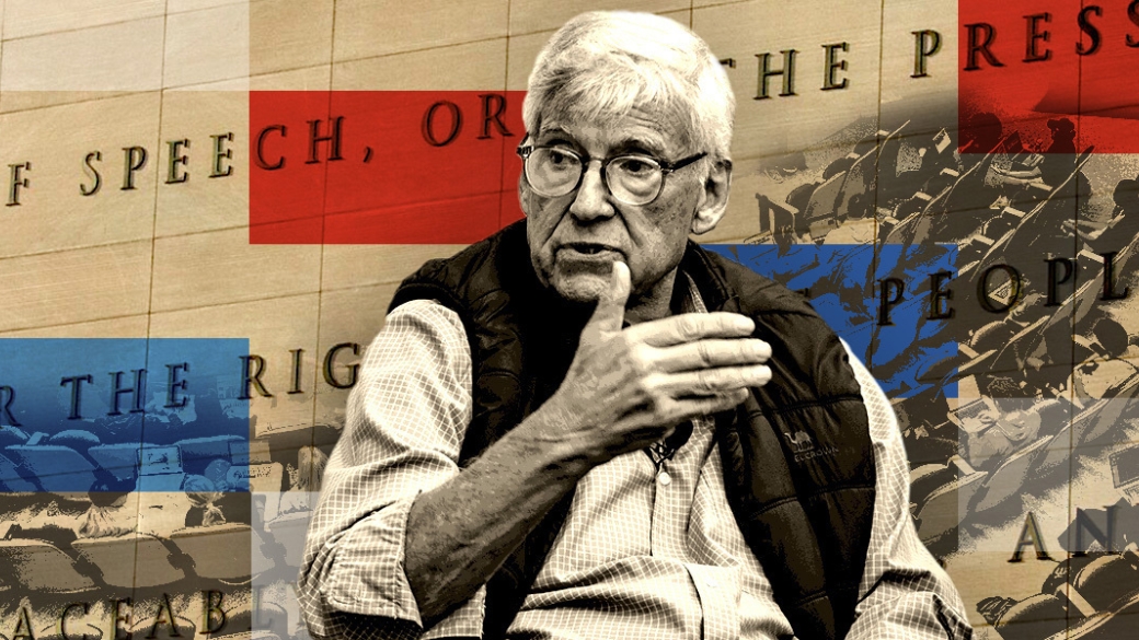 A photo of University Professor Geoffrey Cowan mid sentence while teaching is sepia toned and overlayed over a collaged background picturing classroom photos, text about the free press, and rectanbgles of red, white and blue.