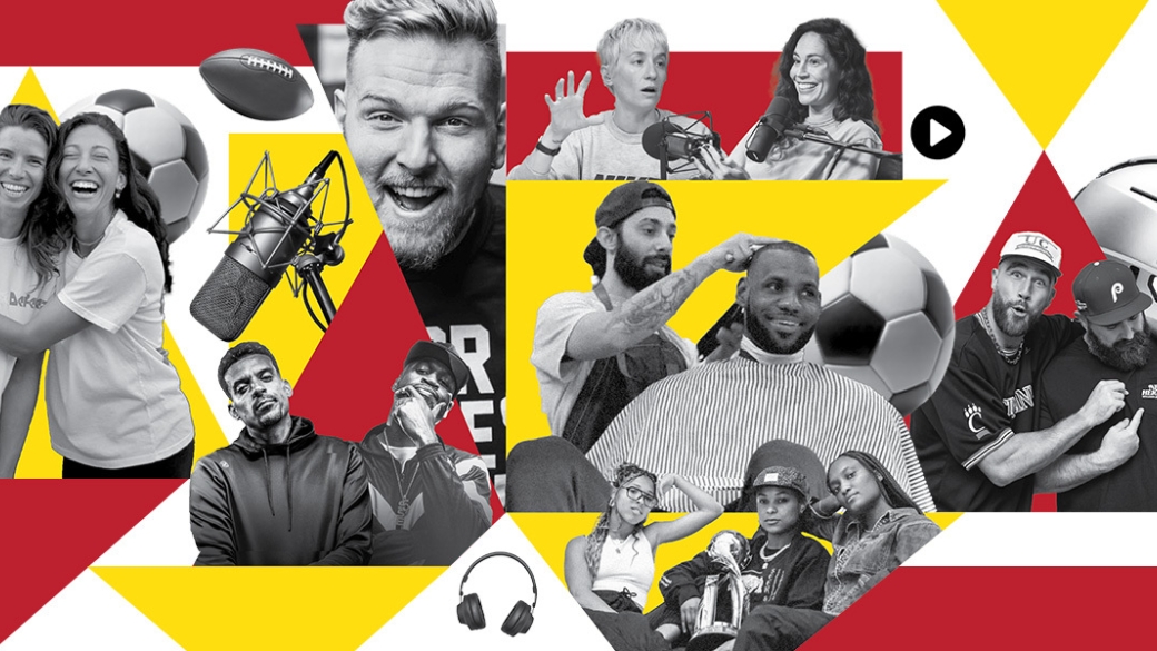 A collage of black and white photos of famous athletes who own their own media platforms over geometric gold and cardinal shapes.