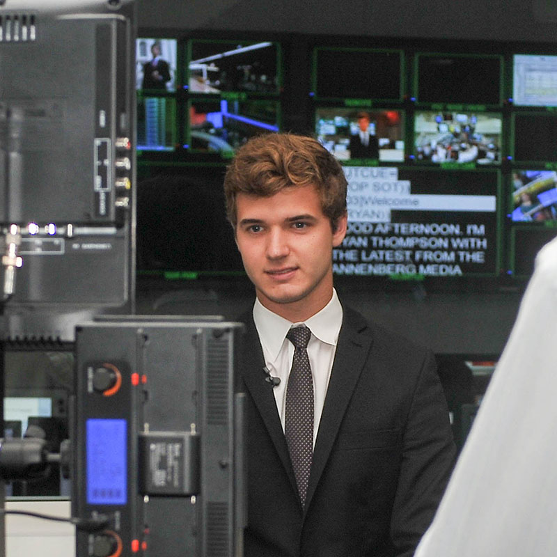 Student reporter in the Media Center