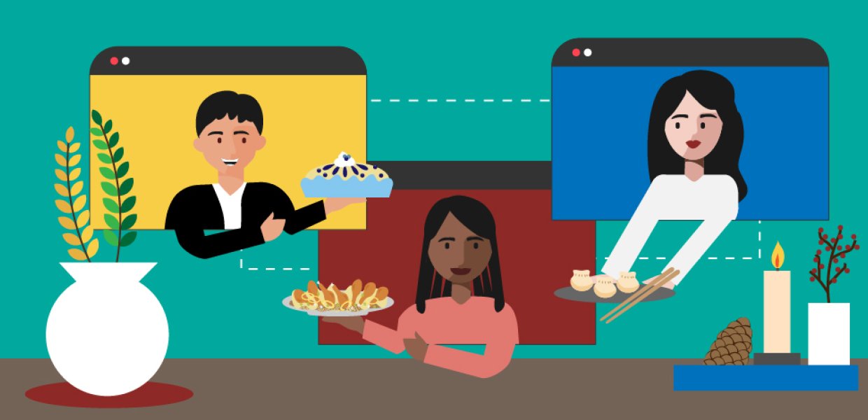 Illustration of people on a video chat showing their Thanksgiving dishes to eachother
