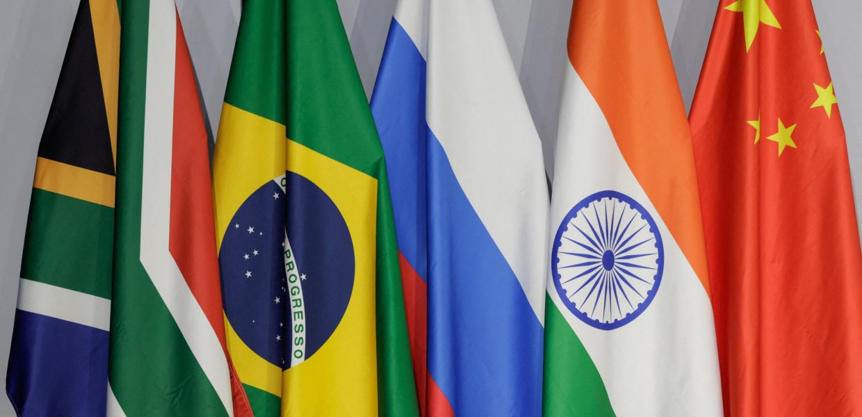 The flags of the BRICS countries (BRICS being an acronym for the five members) Brazil, Russia, India, China and South Africa