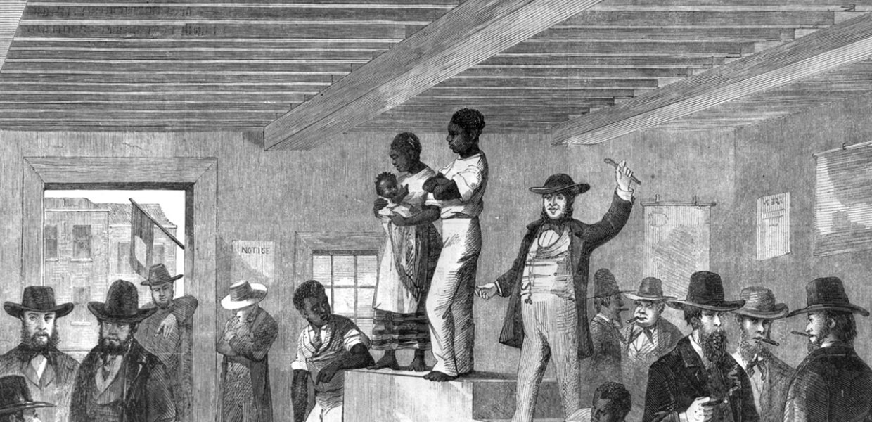 Cover photo for the 1619 project that depicts a slave auction