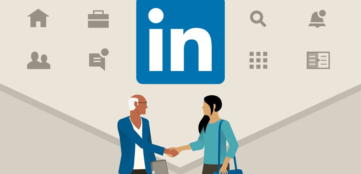 LinkedIn graphic with two people shaking hands and logos of LinkedIn's features on the side