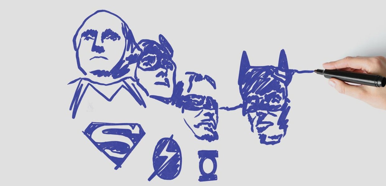 Drawings of public figures and superheroes.