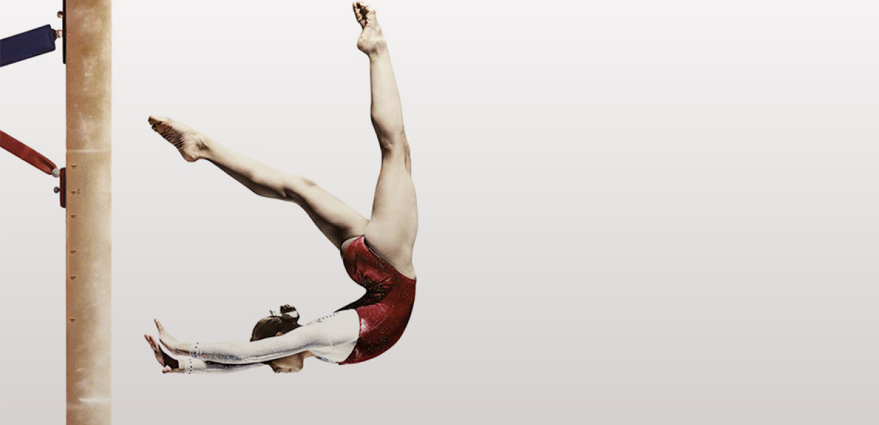 Cover image for 'at the Heart of Gold' documentary of a gymnast in the air