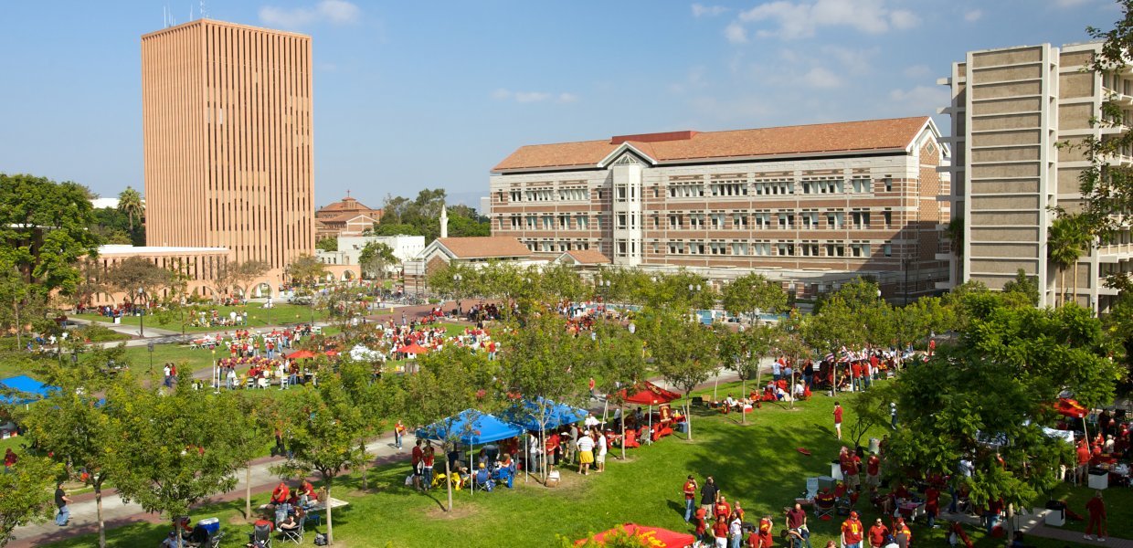 An aerial shot of a previous year's Trojan Family Weekend