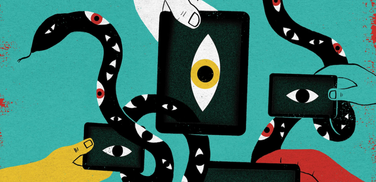 Graphic of smart devices with eyes being held by hands with snakes weaving between them