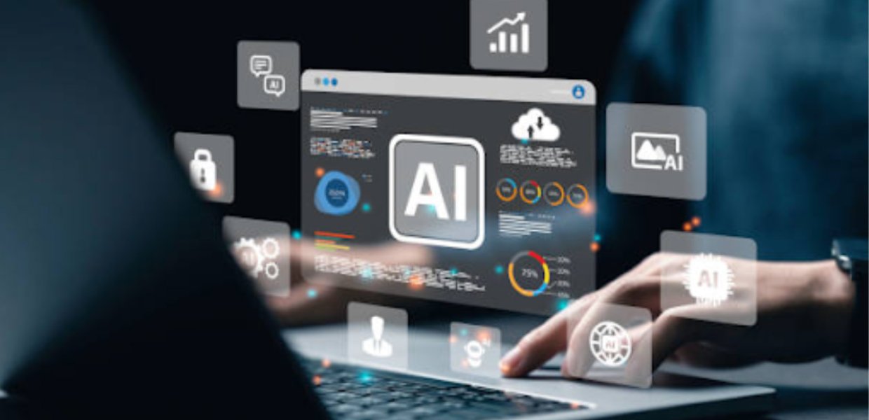 Someone typing on a computer with icons suspended in the air above it, including one that says "AI"
