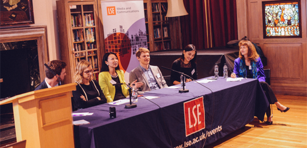 Professor Patricia Riley (far right) moderates the alumni panel at LSE.