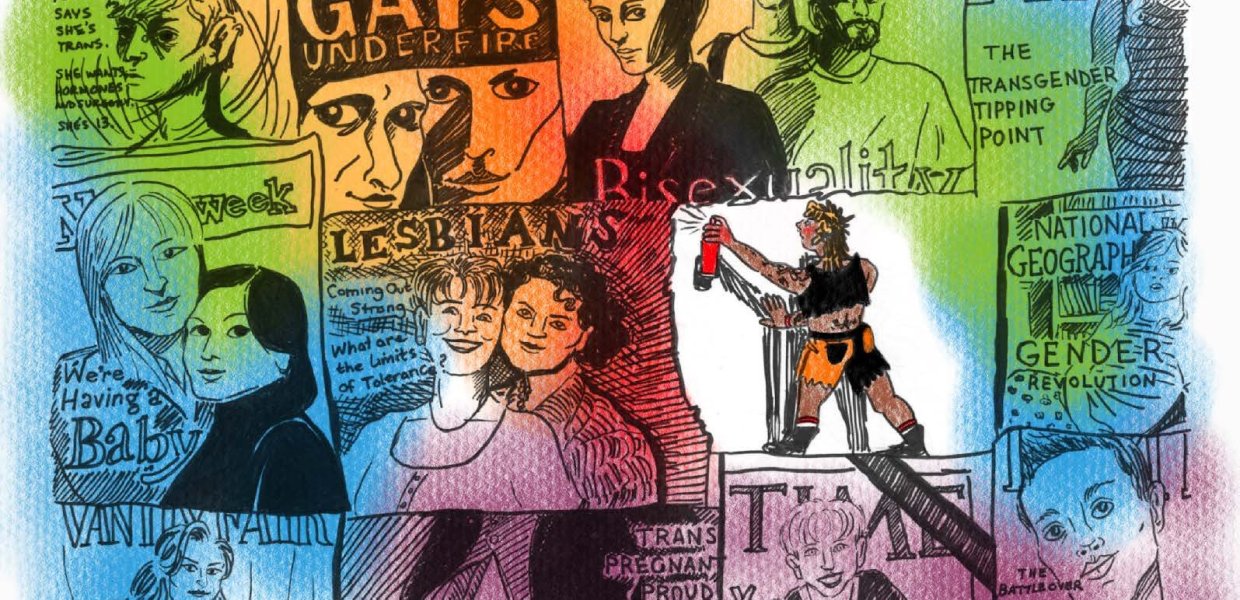 Collage of different moments in LGBTQ+ history