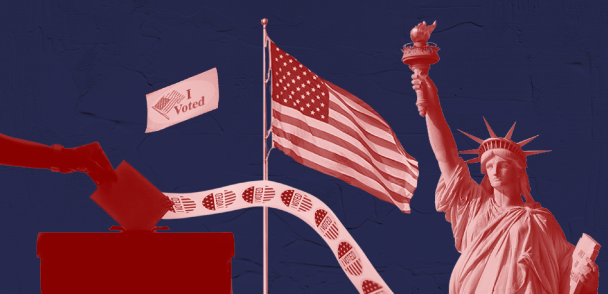 Graphic of an American flag, the Statue of Liberty, an "I voted" sticker, and a ballot box