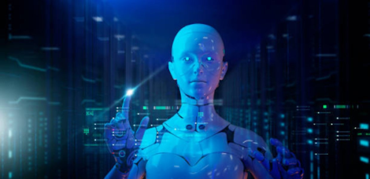 A blue robotic person staring at the viewer in a coded computer environment