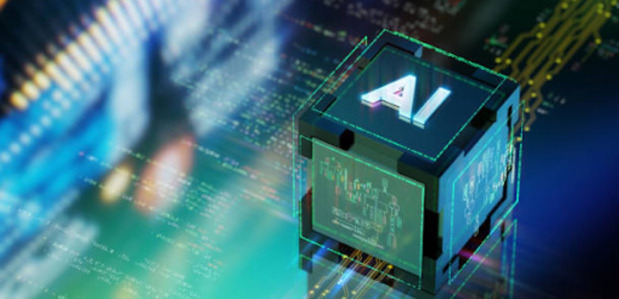 A block with AI written on it, against a blue reflective background