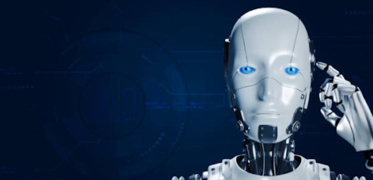 A robot with a finger to its head, looking at the viewer