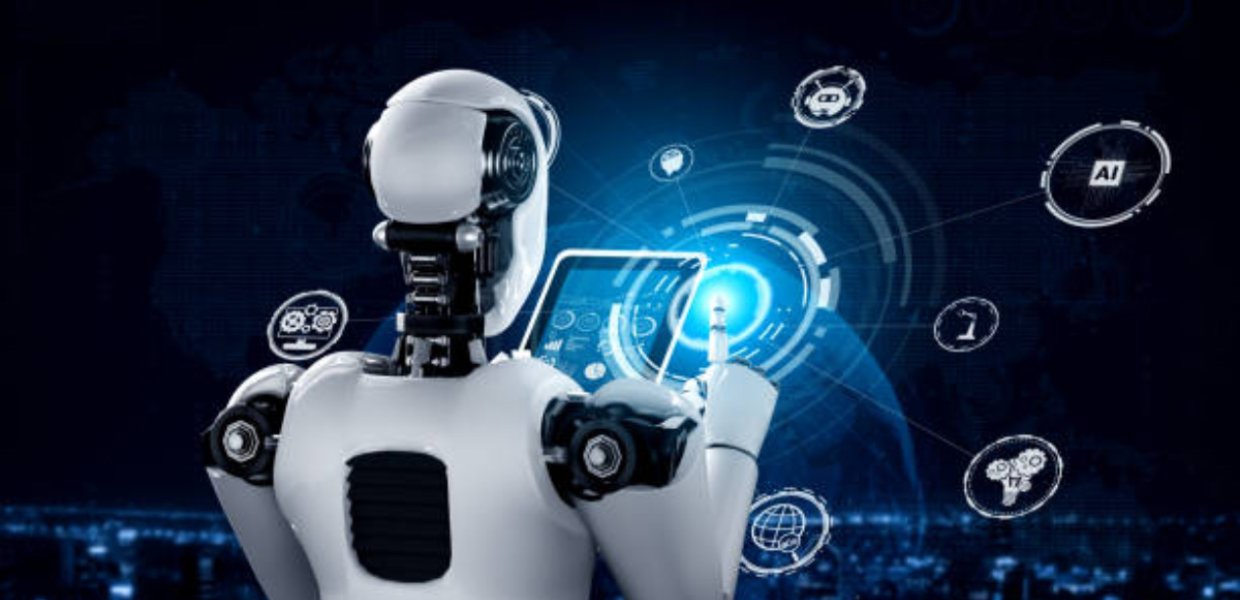 A robot with an electronic tablet. 