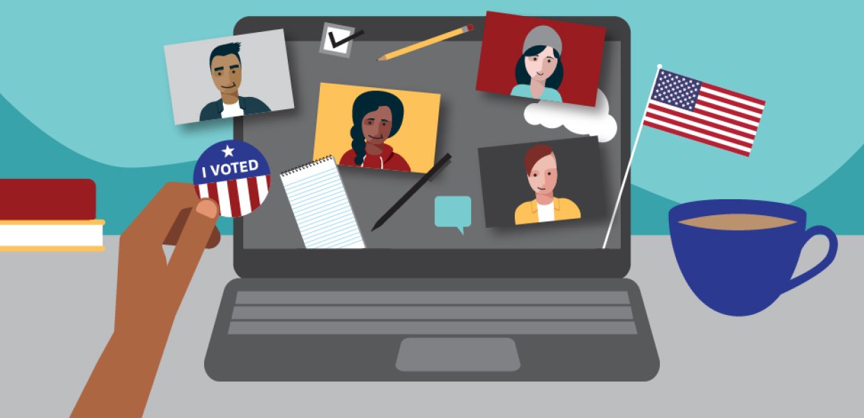 Illustration of a virtual election day town hall. A laptop computer rests next to a cup of coffee and a person holding an "I voted" sticker to a computer screen