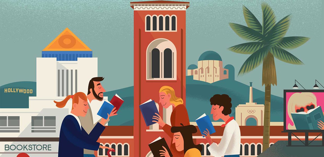 Illustration of people walking around with books in their hands with famous Los Angeles monuments around them