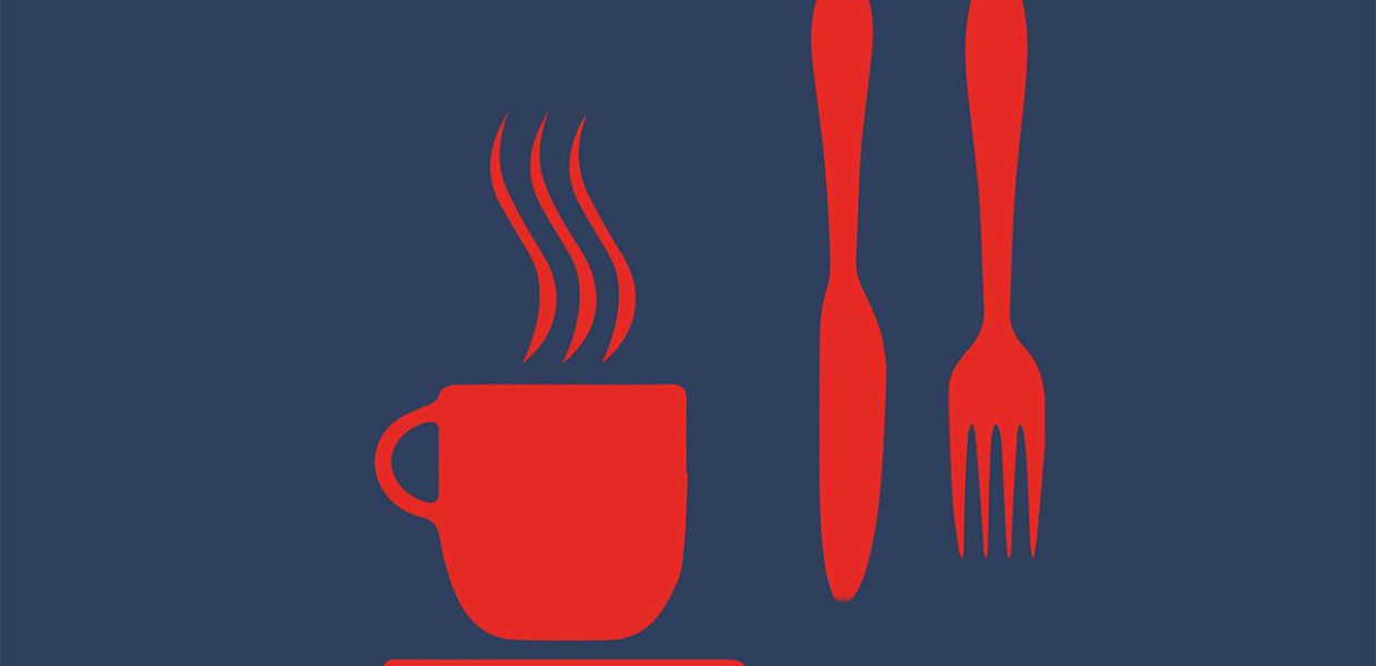 Graphic of a cup of hot coffee and utensils