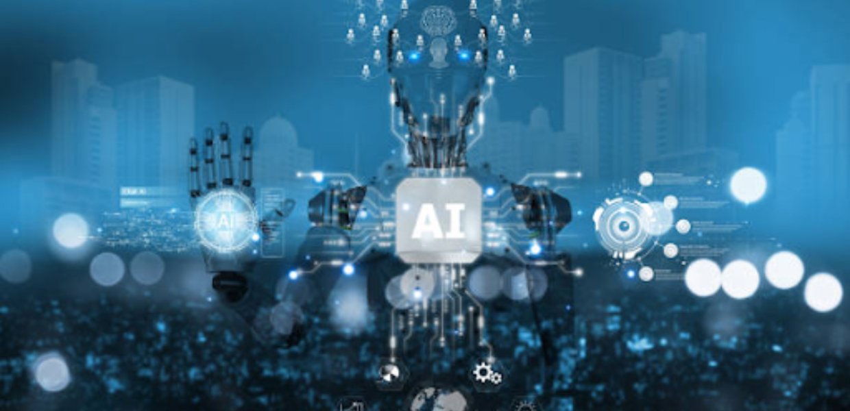 A robot in front of a blue city with "AI" on the front