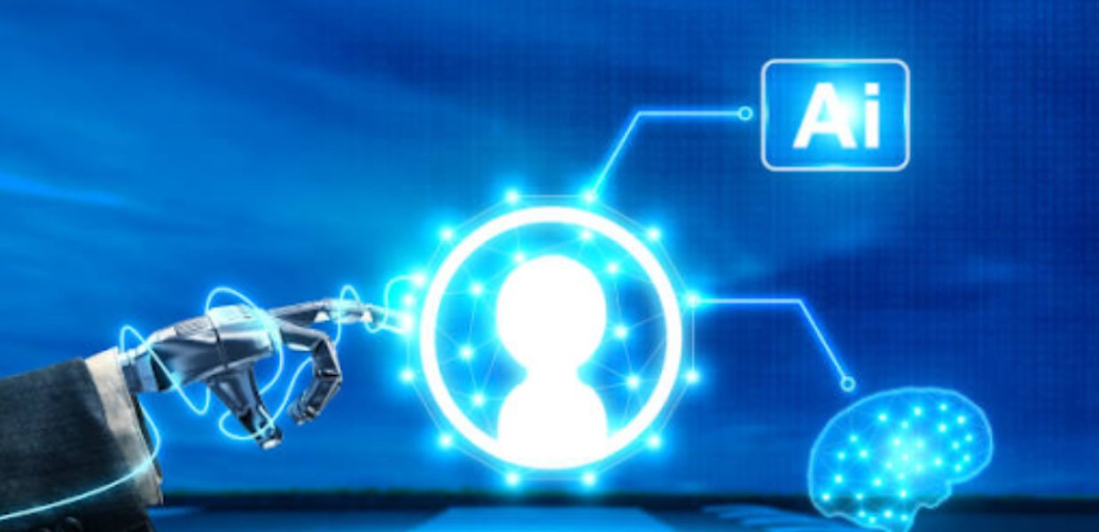 A robotic hand touching a glowing circle with the outline of a person in it, connected to a brain outline as well as the word "AI"