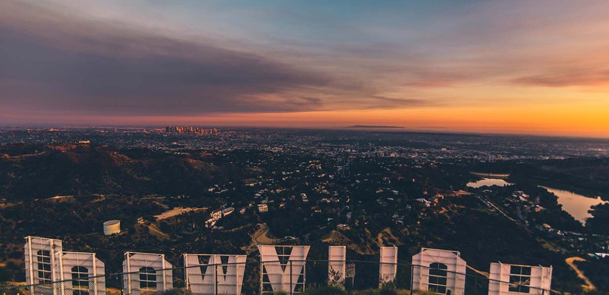 Photo of the back of the Hollywood sign overlooking the valley
