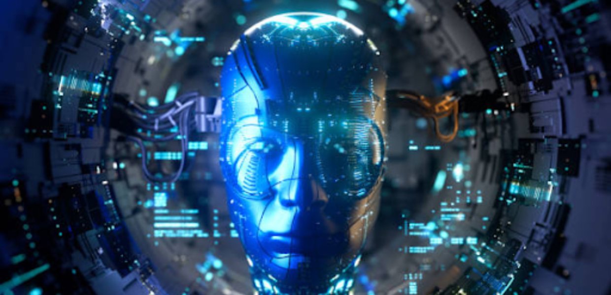 A robot's head against a computer/technology background
