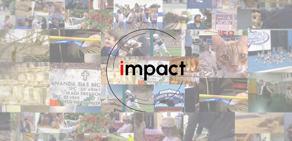 The Impact logo on a collage background of different events
