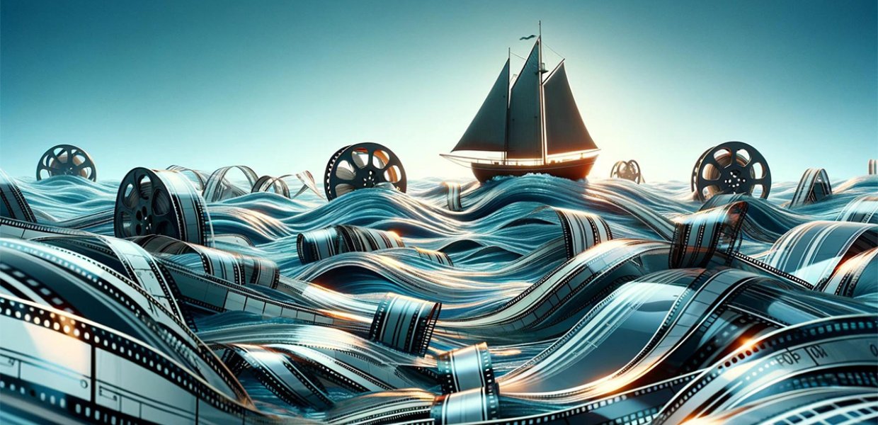 Ship sailing on an ocean of film reels