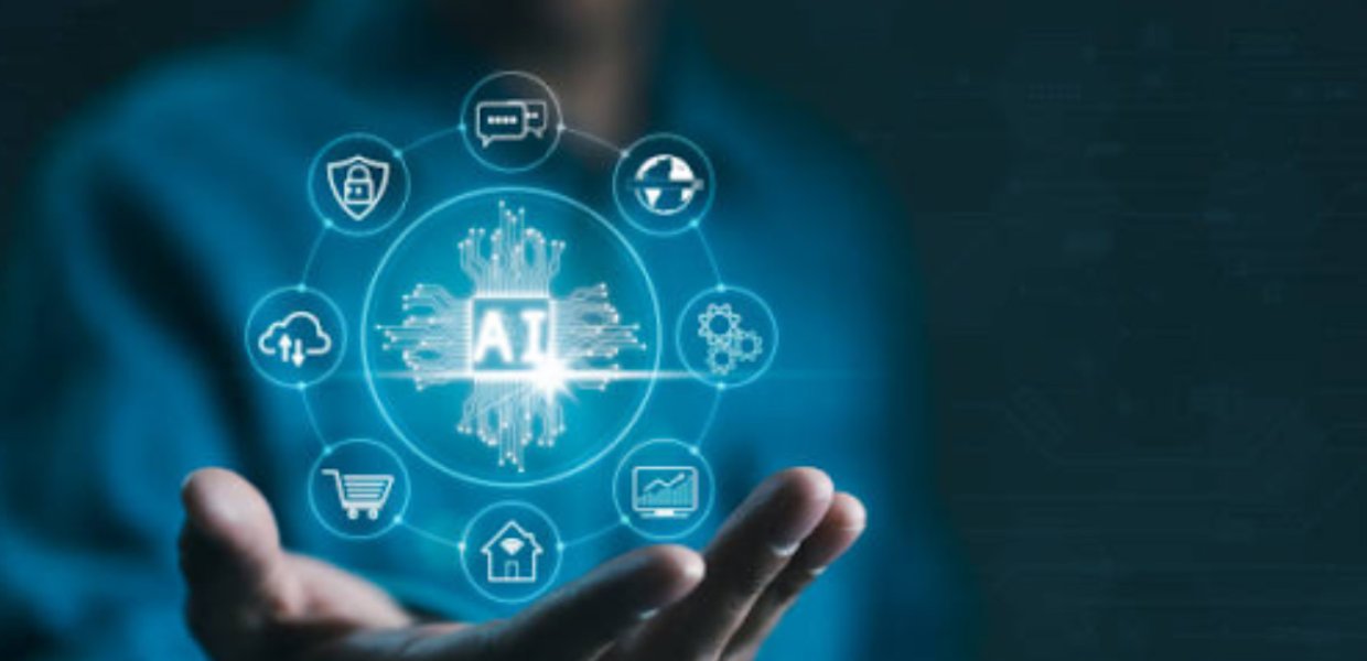 A person holding a glowing, floating circle of symbols in their hand (a globe, a shopping cart, a cloud) around the word "AI"