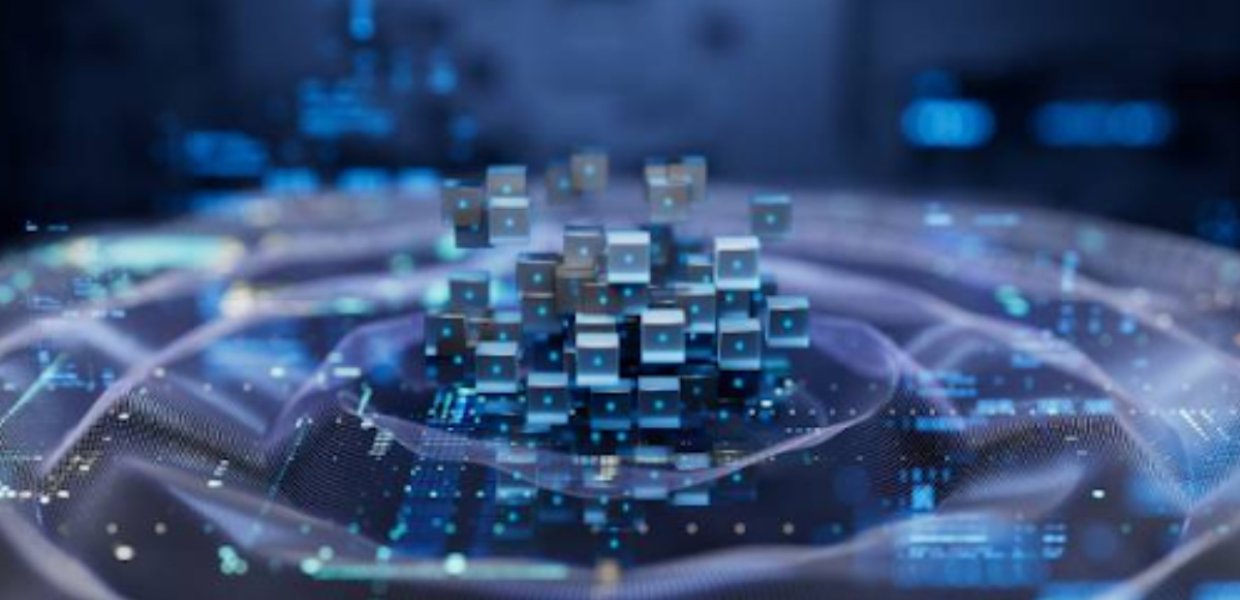 A collection of small cubes atop a rippling, concentric circle of code/water