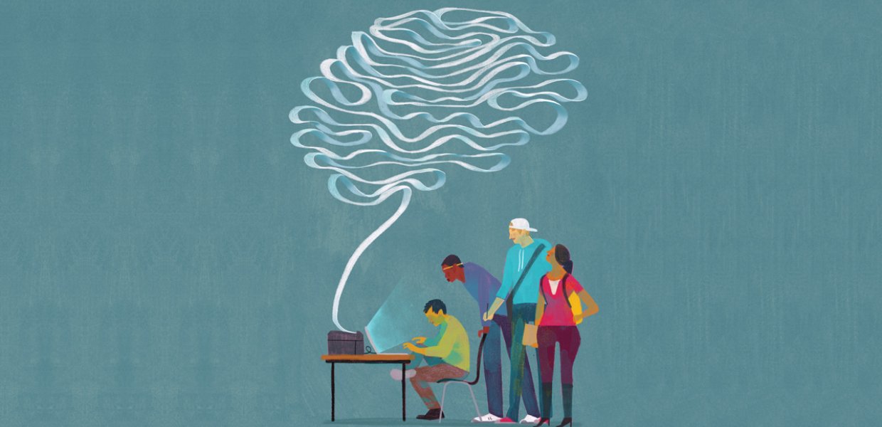 Illustration of four people around a laptop screen and a smoke-like cloud coming out of it above them