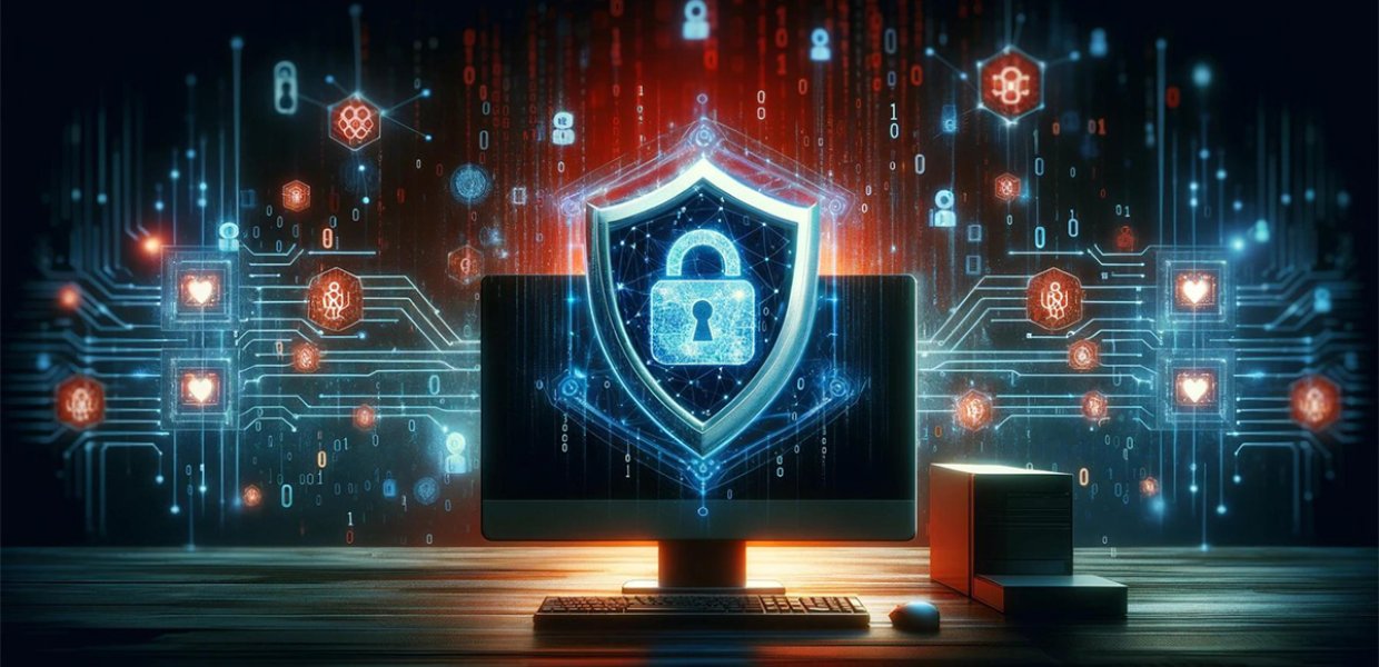 Cadenas sortant d'un écran d'ordinateur, entouré de circuits