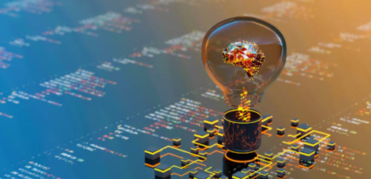 A lightbulb with a brain inside of it, on top of a reflective board with code written in it