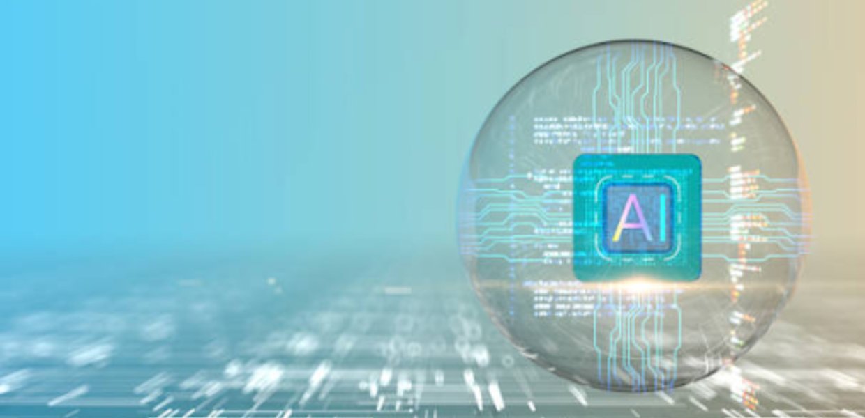 A bubble with the word "AI" inside of it, floating above a blue and white plain against a blue background