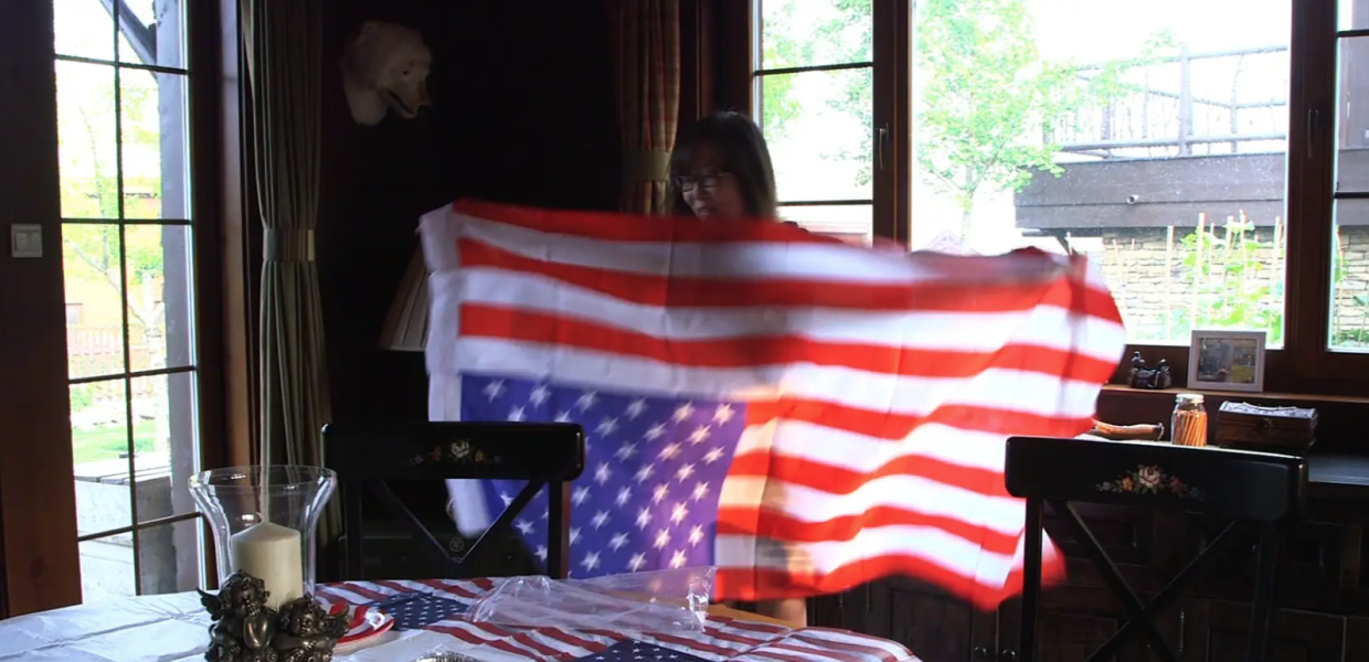 Screenshot from a video of a person holding an American flag upside down