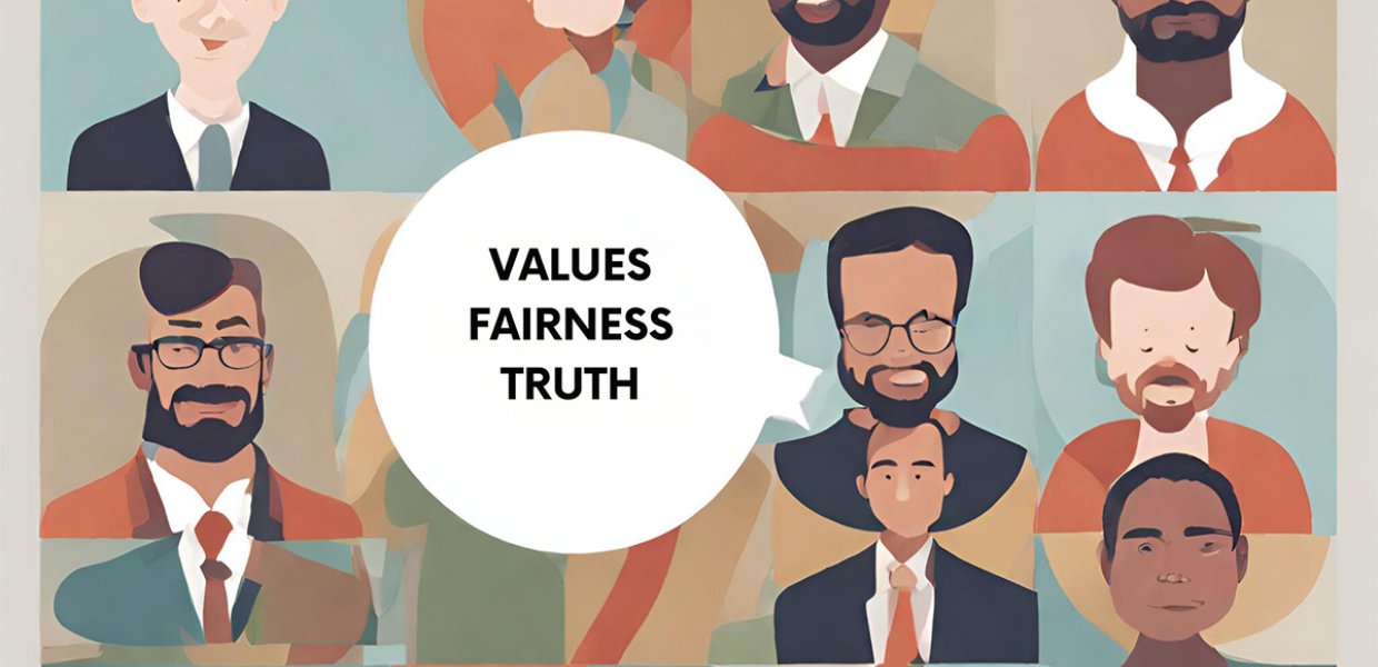 Collection of different people with "Values fairness truth" in a speech bubble