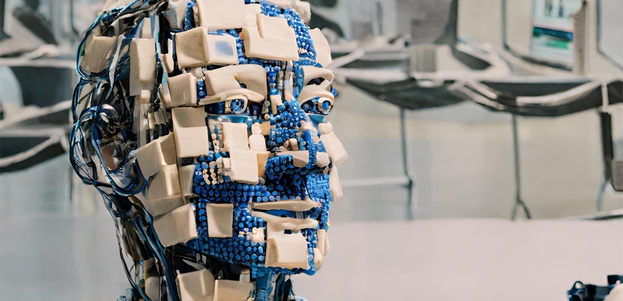 Robot comprised of wiring and technology with a human-like face