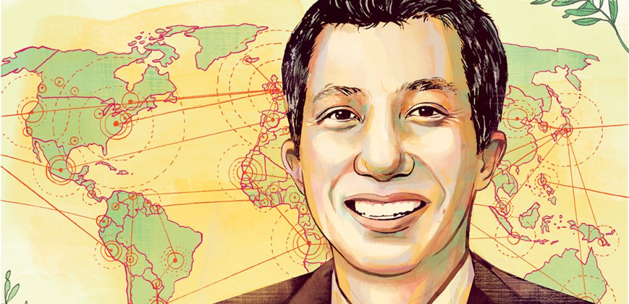 Illustration of Jay Wang on a map of the world