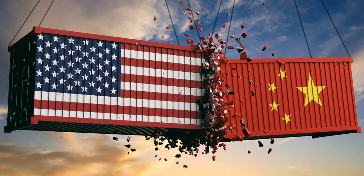 Illustration of two cargo containers, one painted like an American flag and one painted like a Chinese flag, crashing into eachother