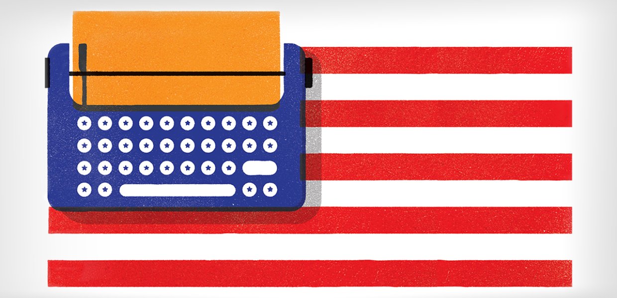 Illustration of an American flag where the blue part is a typewriter