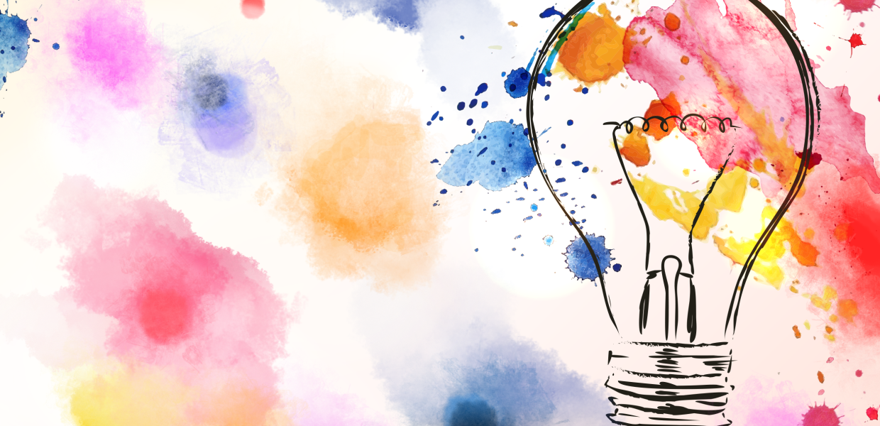 Illustration of a water color background with a lightbulb