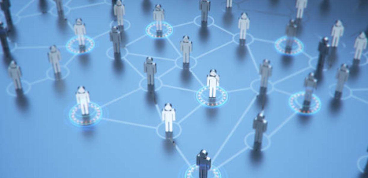 Avatars of people on a blue platform with lines connecting them on the floor