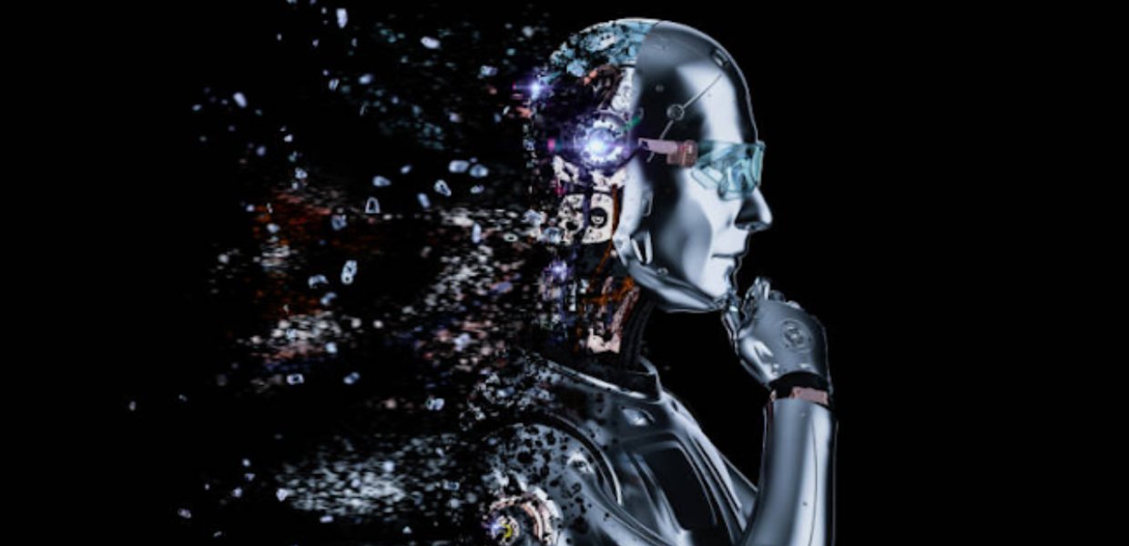 A robot looking pensively to the right