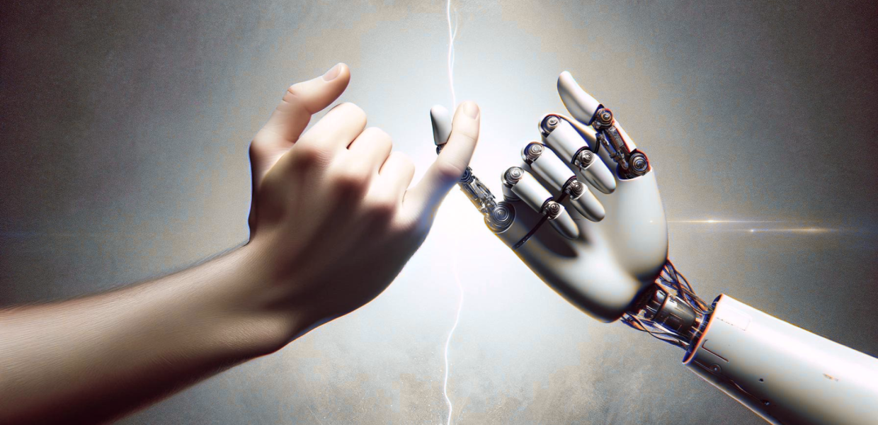 Robot and human hand holding pinkie fingers