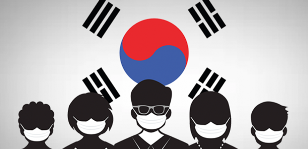 Illustration of the South Korean flag with five people standing in front of it with facial coverings