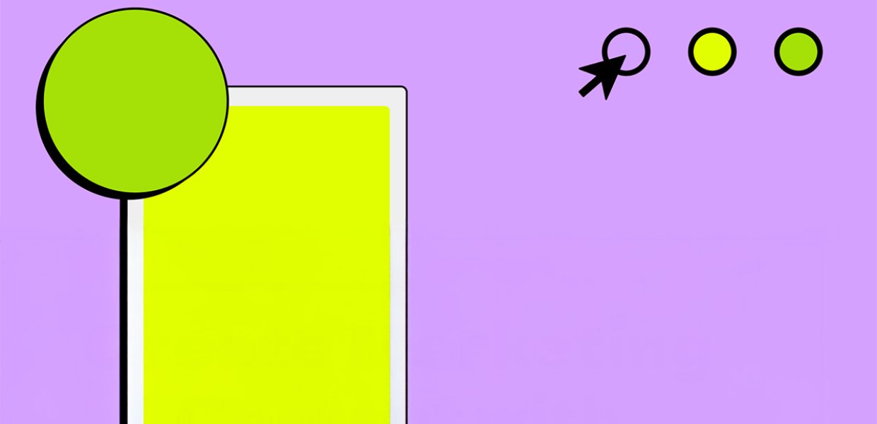 A yellow box and a green circle against a purple background, as well as a computer cursor clicking a circle in the corner