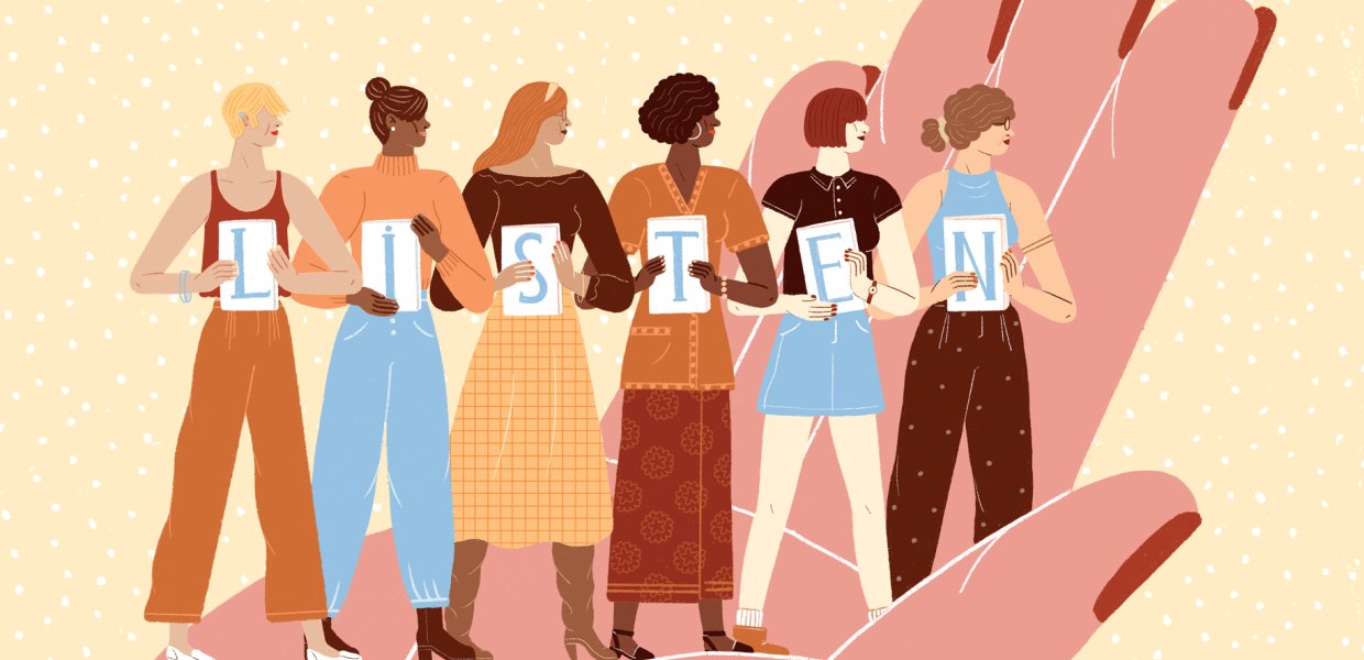Illustration of six people standing next to eachother holding letters that spell out "listen", all standing in the palm of a hand