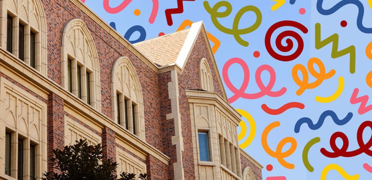 Wallis Annenberg Hall exterior with a fun patterned background behind it