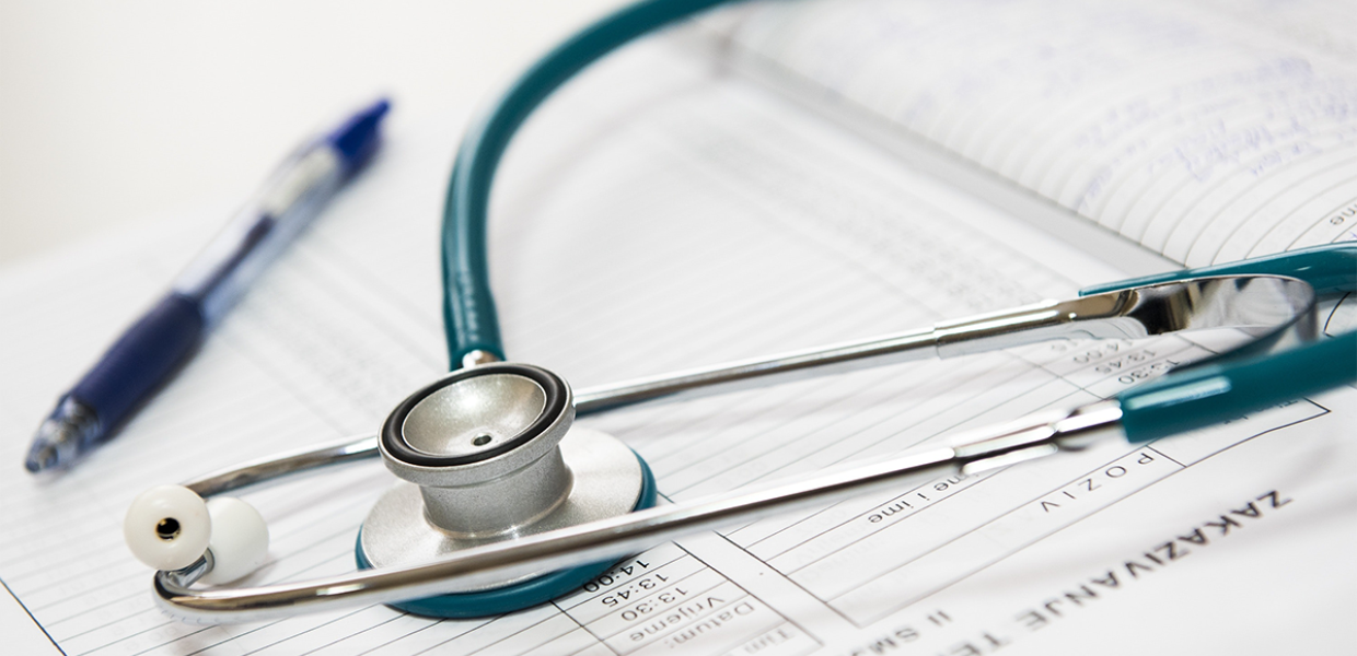 Photo of a blue and silver stetoscope